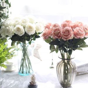 Décorations de mariage, 10 pièces/lot, matériel au toucher réel, fleurs artificielles, Bouquet de roses, décoration de fête à domicile, fausse soie, tige unique