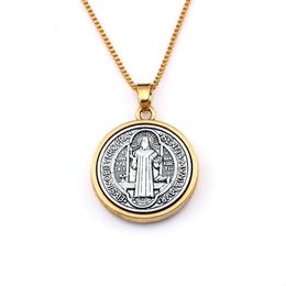 10pcs lots Antique Or St Benoît Croix Médaille Pendentif À Breloque Colliers Pour Hommes Bijoux Accessoires De Mode Chaîne 23 6 pouces A-55262M