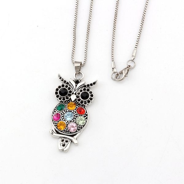 Colliers avec pendentif hibou en cristal coloré rétro, bijoux à la mode, longue chaîne de pull pour femme, 10 pièces/lot