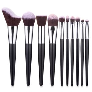 10pcs Brosses de maquillage de poignée en bois noir maquillage brosse de fard à paupières Lèvres Sourcils Fond de teint poudre fard à joues visage Brosse kit de brosse de maquillage