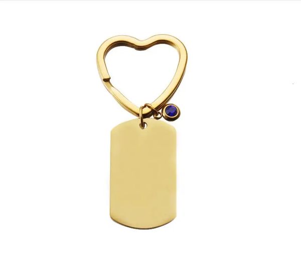 Porte-clés en forme de cœur en acier inoxydable, poli miroir, cristal Brithstone, barre de nom vierge, pour bricolage, nom personnalisé, 10 pièces, 240112