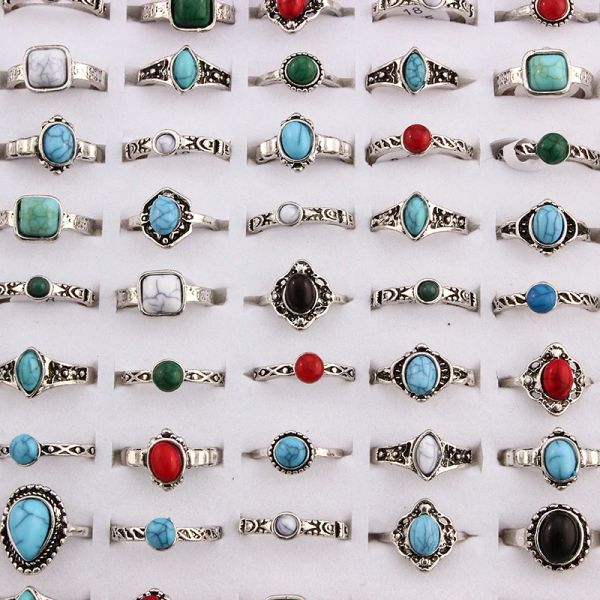10pcs mixte Bohême Style Natural Blue Red Stone Rings Tibetan Silver Tone Taille 16 17 18 Finger Rings Bijoux For Woman Men