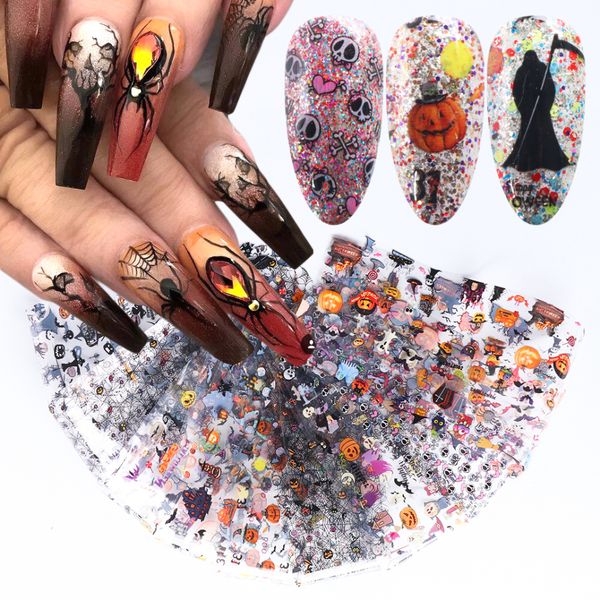 10 pièces autocollants pour ongles noir or Halloween noël feuille diapositives pour ongles 2020 bricolage Nail Art transfert papier emballage adhésif NF915