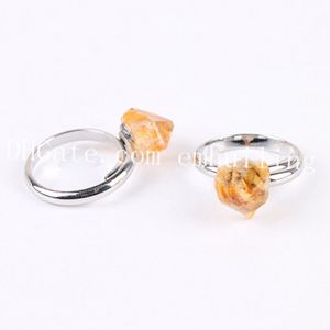 10 Unids Anillo de Piedra Citrina de Punto Crudo Natural para Mujeres, Anillo de Cobre Chapado en oro / plata, Piedra de Nacimiento de Noviembre, Anillos Ajustables de Piedras Preciosas Dainty