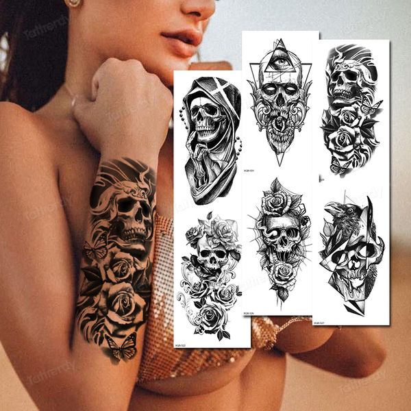 10 unids/pack manga de brazo tatuaje temporal pegatina negro muerte calavera rosa 3d oscuro fresco cuerpo arte tatuaje impermeable sexy para mujeres