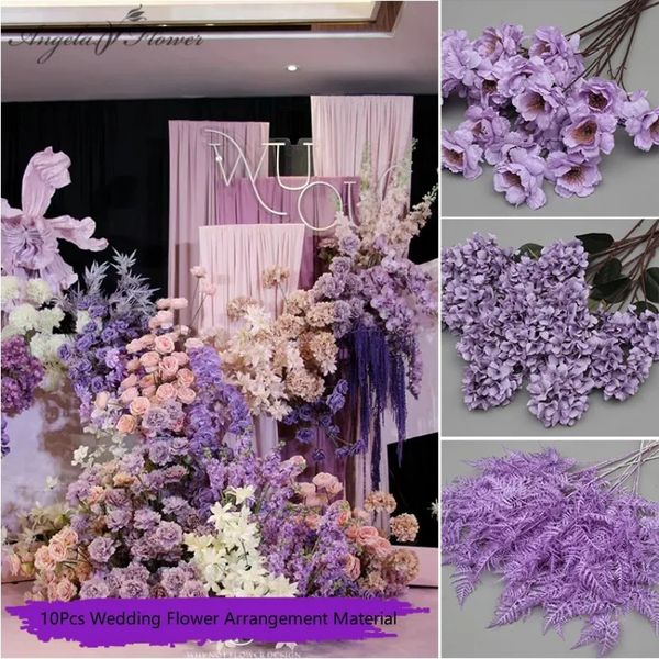 10pcs Purple Series Artificial Flower Rose Mist Grass Plant Plante Leaf mariage Arrangement floral Matériel Home Decor Party Event Prop 240416