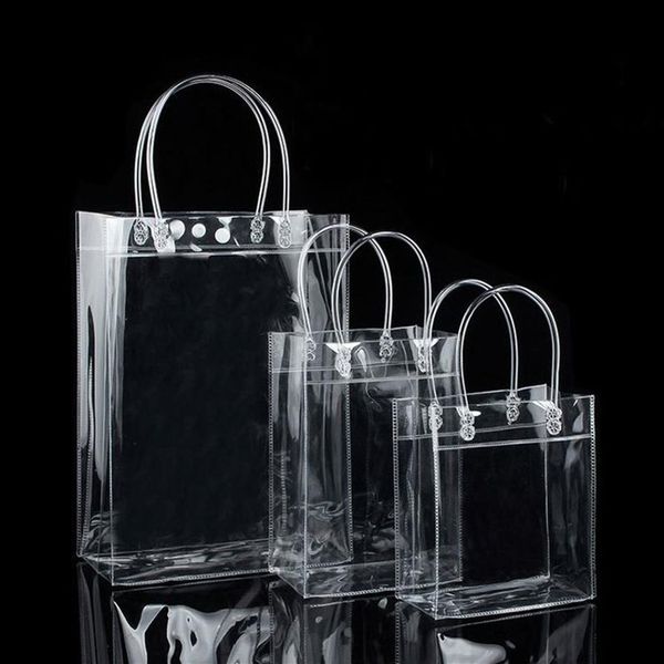 10 Uds. Bolsas de regalo de plástico PVC con asas, bolsas de embalaje de vino de plástico, bolso transparente, bolsa de favores de fiesta, moda PP con botón 255S