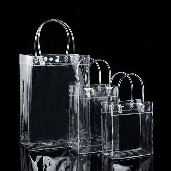 10 Uds. Bolsas de regalo de plástico PVC con asas, bolsas de embalaje de vino de plástico, bolso transparente, bolsa de favores de fiesta, moda PP con botón 205F