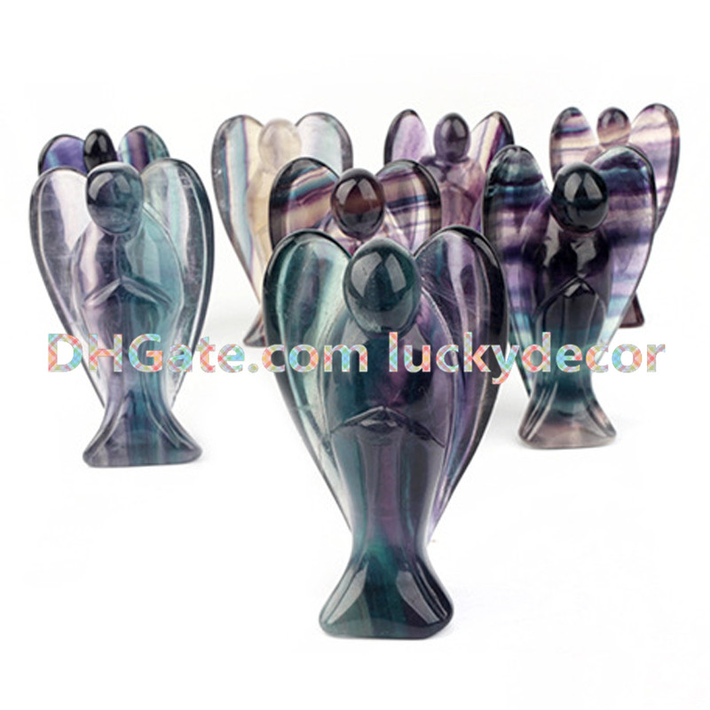 10Pcs Rainbow Fluorite Guardian Peace Angel Figurines Display Piece Natural Crystal Gemstone Carved 70mm Tall Pocket Angel Statue Sculpture