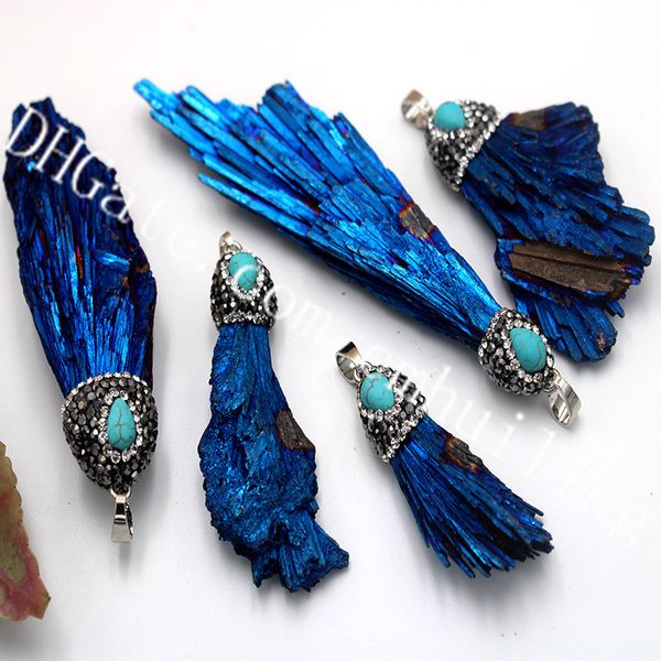 10pcs taille aléatoire forme libre bleu or arc en titane brut brut touramaline noir pendentif en cristal avec zircon enveloppé capuchon de perle turquoise