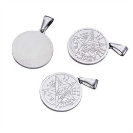 10 pièces Religion 304 acier inoxydable plat rond sculpté tétragramme pentagramme Wiccan pendentif classique 27x24x2mm trou 9x5mm G0927224F