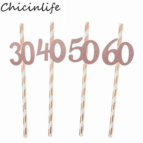 10pcs rosegold 30 40 50 60 ans Papier à rayures Paies de consommation joyeux anniversaire Décor de fête adulte 30e 40e anniversaire Supplies