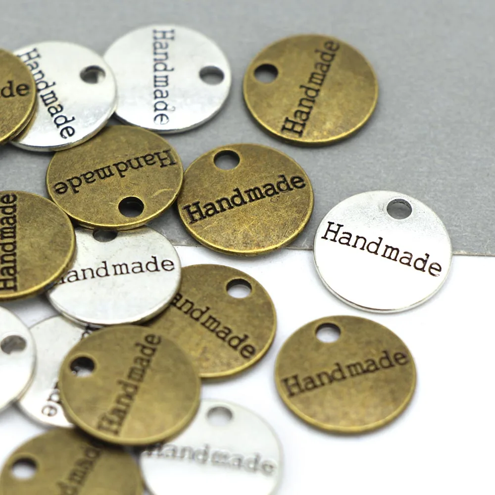 10Pcs Round Handmade Labels Metal Tags Vintage Hand Made Silver Bronze Pendants for Necklaces Jewelry Making Accessories