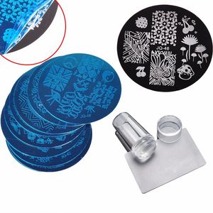 10 stks Ronde Nail Art Templates Stamping Plaat en 1pc Clear Silicone Stamper Scraper Sjabloon met Bloem Vorm Manicure Tools NAR007