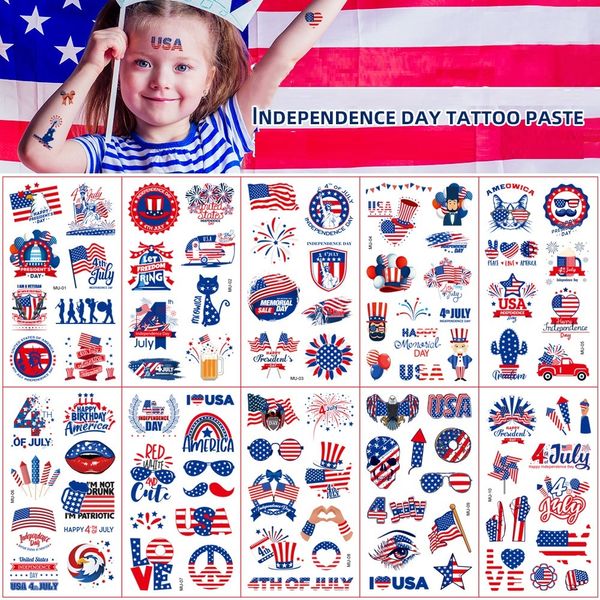 10 pièces/ensemble autocollants de tatouage de fête de l'indépendance du drapeau américain autocollants de tatouage temporaires de fête