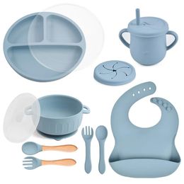 10 stks/set Baby Kinderservies Waterdicht Bib Feeidng Effen Kleur Voedsel Borden Sucker Gerechten Lepel Vork Lekvrij Sippy Cup 240326