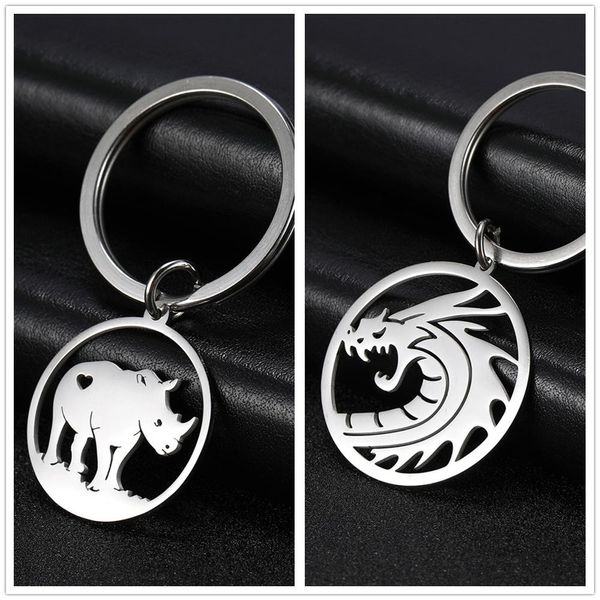 10 pièces/ensemble chinois Dragon rhinocéros rond voiture porte-clés Animal en acier inoxydable porte-clés porte-clés pendentif pour sac unisexe