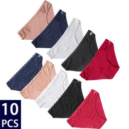 10 unids / set bragas de algodón mujeres sexy encaje floral panty ropa interior lencería color sólido calzoncillos femeninos íntimos dama 211222