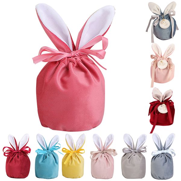 10pcs/set bolsas de regalo de Pascua orejas de conejo bolsas de terciopelo caja de regalo caja de azúcar Caja de dulces de la boda lindas decoración de la Pascua puede mezclar bolsas de conejo