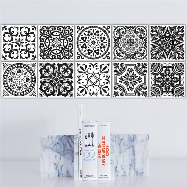 10 pièces/ensemble autocollant mural noir blanc de style européen 20*20 cm cuisine salle de bain toilette étanche adhésif PVC papier peint carreaux autocollants