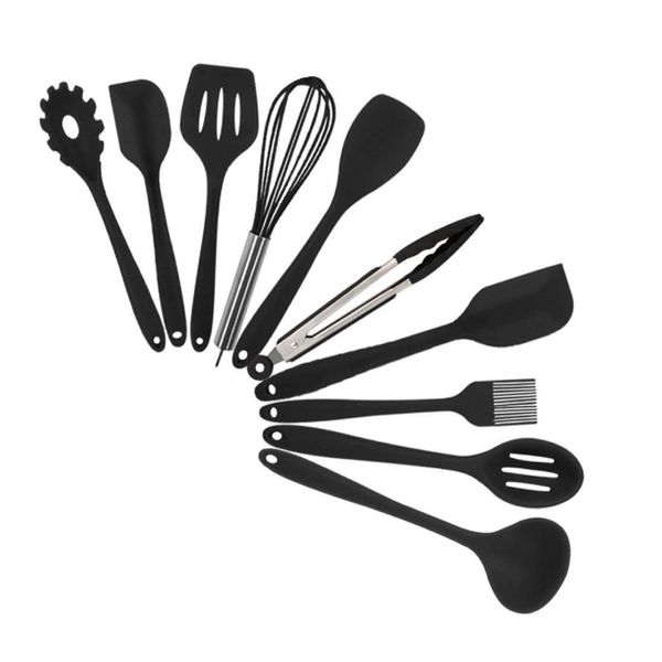 Mango de moda de 10 piezas/set Utensilios de cocina de silicona con cucharón de almacenamiento resistente a alta temperatura y una cuchara de spatula de olla sin palo