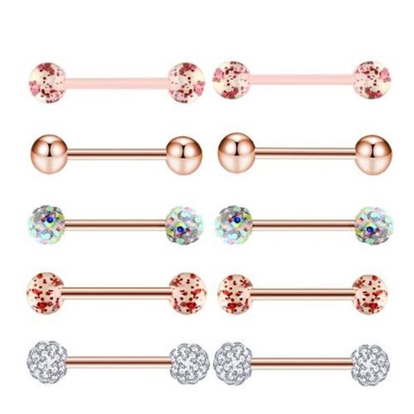 10pcs / set Or Rose Langue Anneaux En Acier Inoxydable Acrylique Boucles D'oreilles Barbells Corps Tragus Piercing Bijoux Mamelon Ring2544