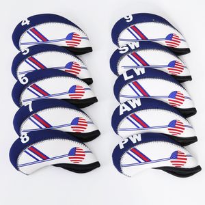 10 stks / set Golf White Blue US Flag Neopreen Golf Club Head Cover Wedge Iron Protective Headcover Protector Case