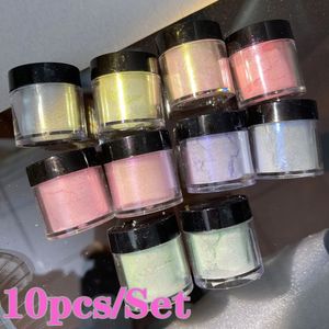 10pcs / Set Holographique Aurora Nail Glitter Poudre Multicolore Frotter Miroir Poussière Pigment Irisé DIY Nail Art Décorations 10g 240202
