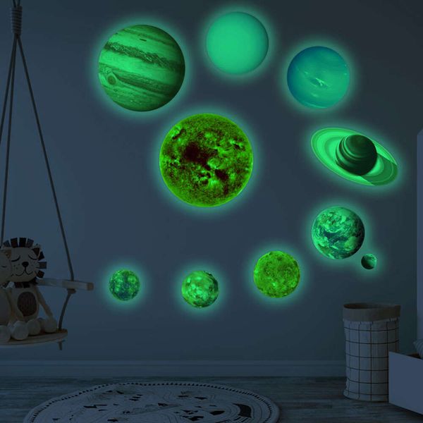 10 unids/set Sistema Solar luminoso sol tierra luz verde planetas espaciales pegatinas de pared para habitación de niños habitación de bebé sala de juegos