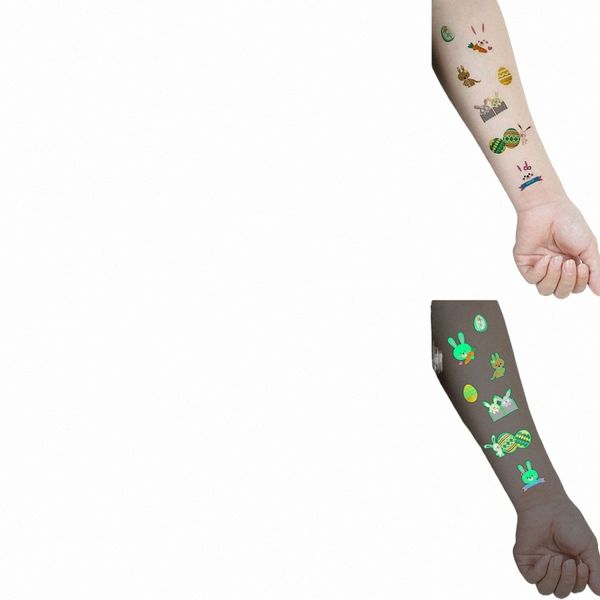 10 pièces ensemble tatouage temporaire lumineux, jour de pâques Carto lapin et oeufs colorés motif autocollant de tatouage étanche M2L6 #