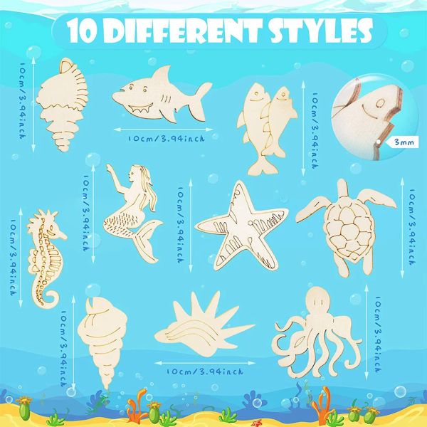 10pcs/set animales marinos pulpo estrella estrella estrella sirena tortuga tortuga de madera pintura de color para niños artesanía de madera decoración de bricolaje