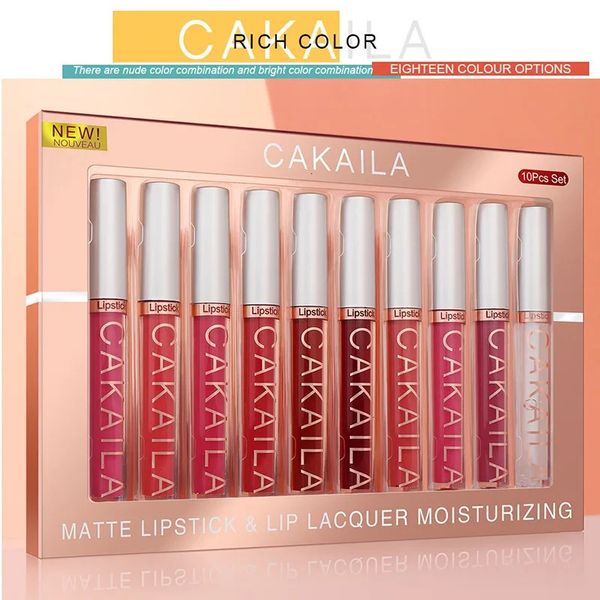 10 unids/set mate brillo de labios líquido lápiz labial de larga duración taza antiadherente maquillaje no se desvanece kit de esmalte de labios regalos Maquiagem belleza salud 240311