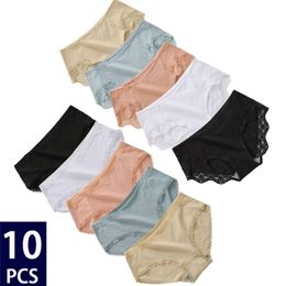 10pcs / set sexy femmes sous-vêtements en coton culottes femme dentelle pantys lingerie dames slips couleurs unies sous-vêtements confortables 220512