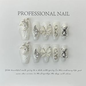 10 -st set White Butterfly Handmade Press on Nails Long Ballet Decoration Pearl False Wearable Manicure Fake Tips Art 240430