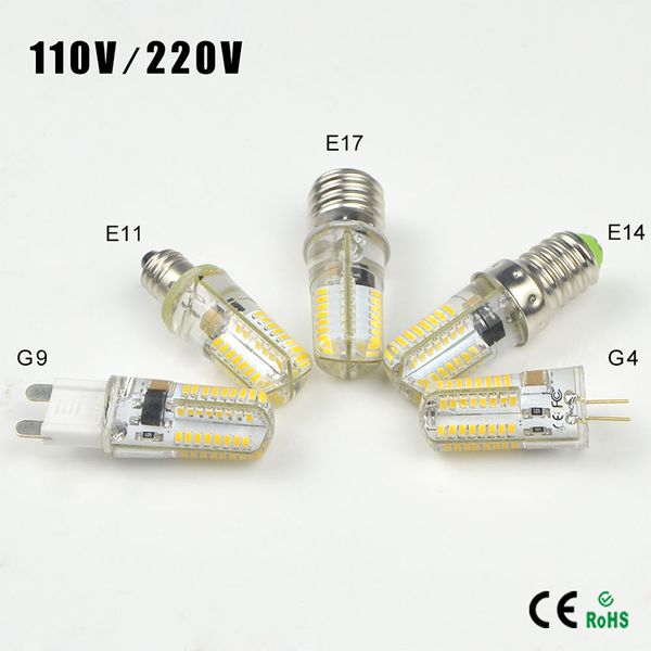 10pcs silicone 64leds G4 E11 E12 E14 E17 G9 Bulbo de maíz Reemplace 40W lámpara halógena AC 110V / 220V