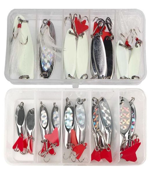 10 pièces Spinnerbaits Kit de leurres de pêche cuillère lumineuse leurre équipement de pêche appâts de pêche en mer avec triple crochet plume 5g28g2444586