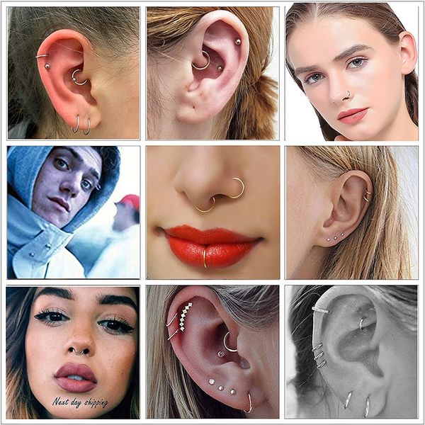 10pcs en acier chirurgical Petits anneaux de nez clips de corps cerceau 18G VIEURS LIP Tragus septum cartilage Piercing bijoux femmes femme cadeau