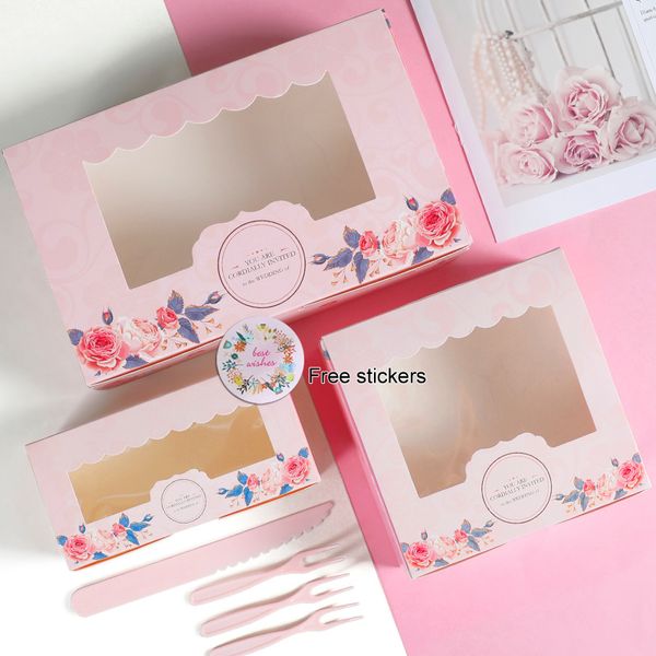 10pcs Boîtes de friandises avec autocollants de fenêtre Gift Gift Pink Rose Sac Cake Food Emballage Cookies Cuisiles Copcake Cardboard