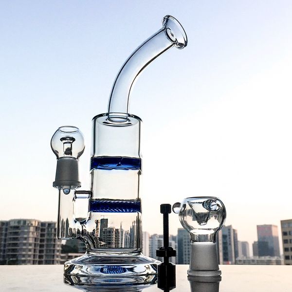 Percolateur à turbine Bongs en verre Peigne bleu Disque Perc Conduites d'eau Deux plates-formes pétrolières Dab 18mm Joint mâle WP101