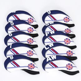 10 stks Britse vlag patroon Neopreen Golf Club Iron Head Covers Cover Set Hoofcovers Bescherm Case, Number Print, Inwisselbable