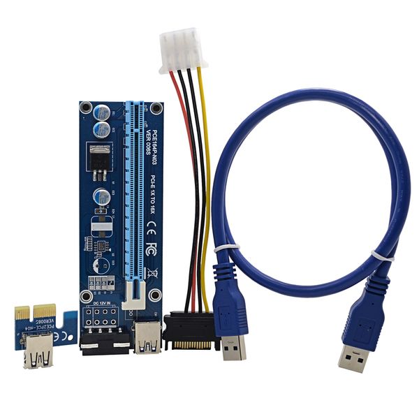 Livraison gratuite 10pcs VER006S 0.6M PCI-E PCI Express 1x à 16x Riser Card Extender Câble de données USB 3.0 / SATA à 4 broches IDE Molex Cordon d'alimentation