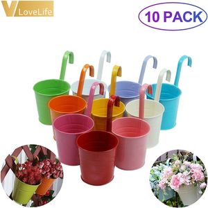 10 pcs Tenture Murale Pots De Fleurs Clôture En Métal Plante Fer Jardin Planteur Tin Seau Titulaire Panier Maison 211130