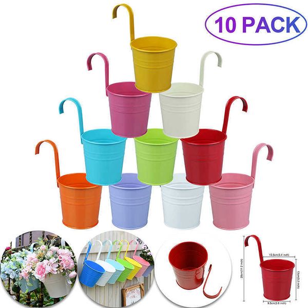 10pcs Tenture murale Pots de fleurs Clôture en métal Suspendu Pots de plantes Pots de jardin de fer Pots de seau en étain Panier Home Garden 210712