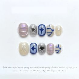 10 stks draagbare handgemaakte pers op nagels blauwe y2k ontworpen nep nagel herbruikbare kunstmatige manicuree kunsttips voor meisjes 240419