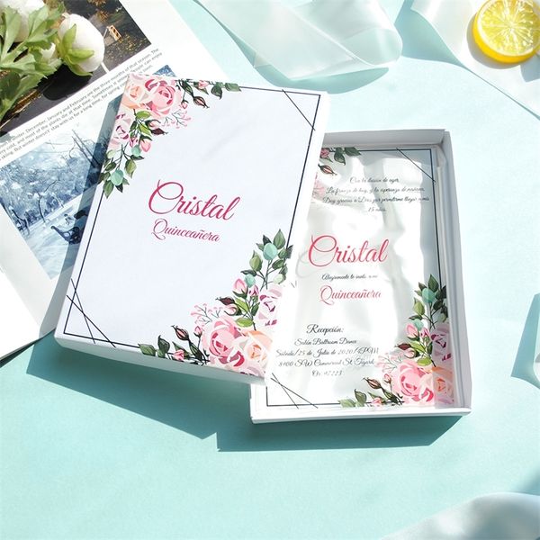 10 tarjetas de acrílico transparente para invitación de boda con caja impresa personalizada 220707