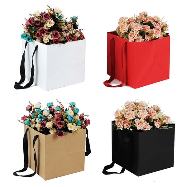 10 pièces sacs cadeaux en papier kraft blanc avec poignée carré en pot fleur gâteau emballage à emporter pour les affaires de mariage sac cadeau 240304