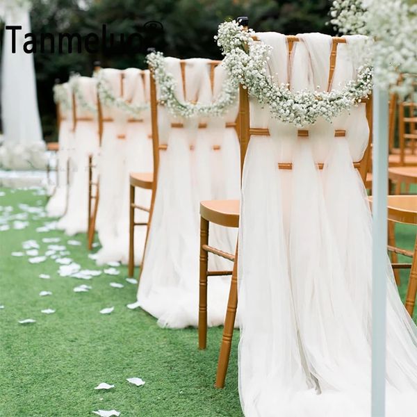 10pcs White Net Fabric Tulle chaise chaise pour le mariage Décoration Décoration Banquet Party Arch DIY NOTS PAS DE FLEUR 240407