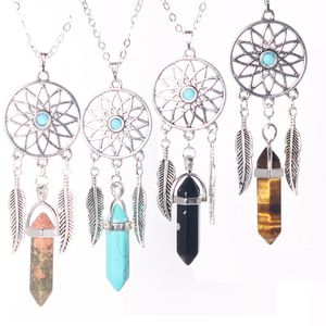 10 stks Groothandel Dames Bungelende Veer Natuursteen Tiger's Eye Jade Charms Filigraan Tribal Dreamcatcher Hanger 50cm Link Chain Necklace