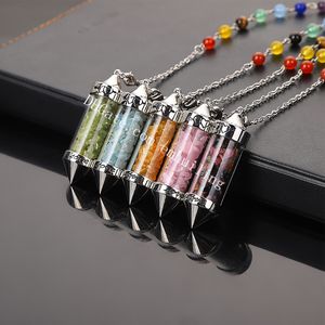 10 Unids Deseo Botella Colgante Pendulum Piedra Preciosa Curación Chips de Piedra Natural en Vidrio Vial W / 7 Granos de Chakra Cadena Péndulo Dowsing Amuleto