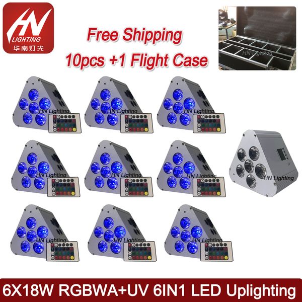 10pcs pro Stage Mariage Up Lights 6x18W RGBWA UV 6IN1 WIFIRAMOTE LED par batterie PAR PIROLEMÉE SANS SANS SANS SANS DMX UPLIMING AVEC CAS